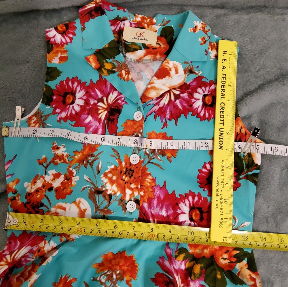 GRACE KARIN COTTON FLORAL FIT & FLARE DRESS V NECK WITH COLLAR DRESS 11-12  YEAR - Picture 5 of 9